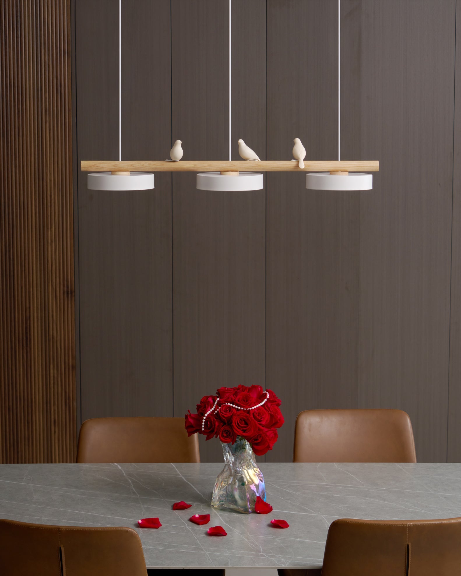 Linear Bar Pendant Light with Movable Bird Figurines Remote Dimming LED