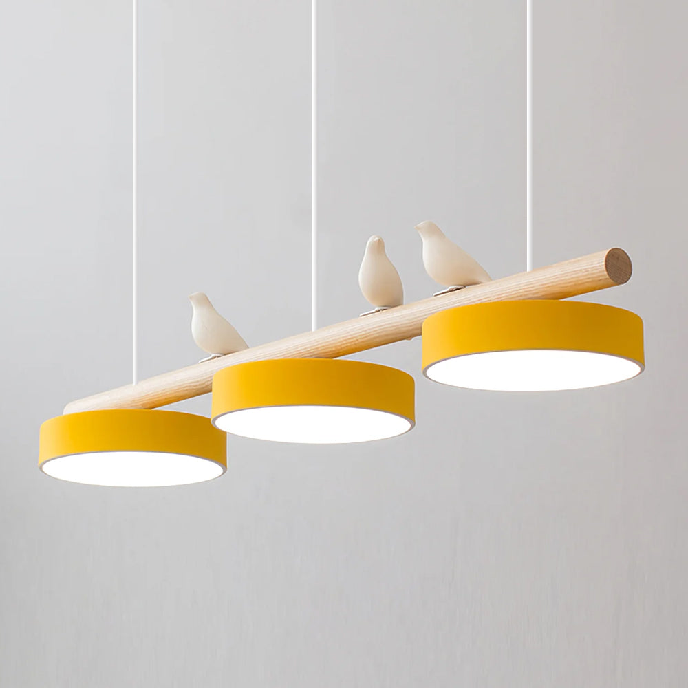 Linear Bar Pendant Light with Movable Bird Figurines Remote Dimming LED