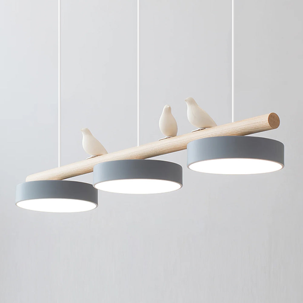 Linear Bar Pendant Light with Movable Bird Figurines Remote Dimming LED