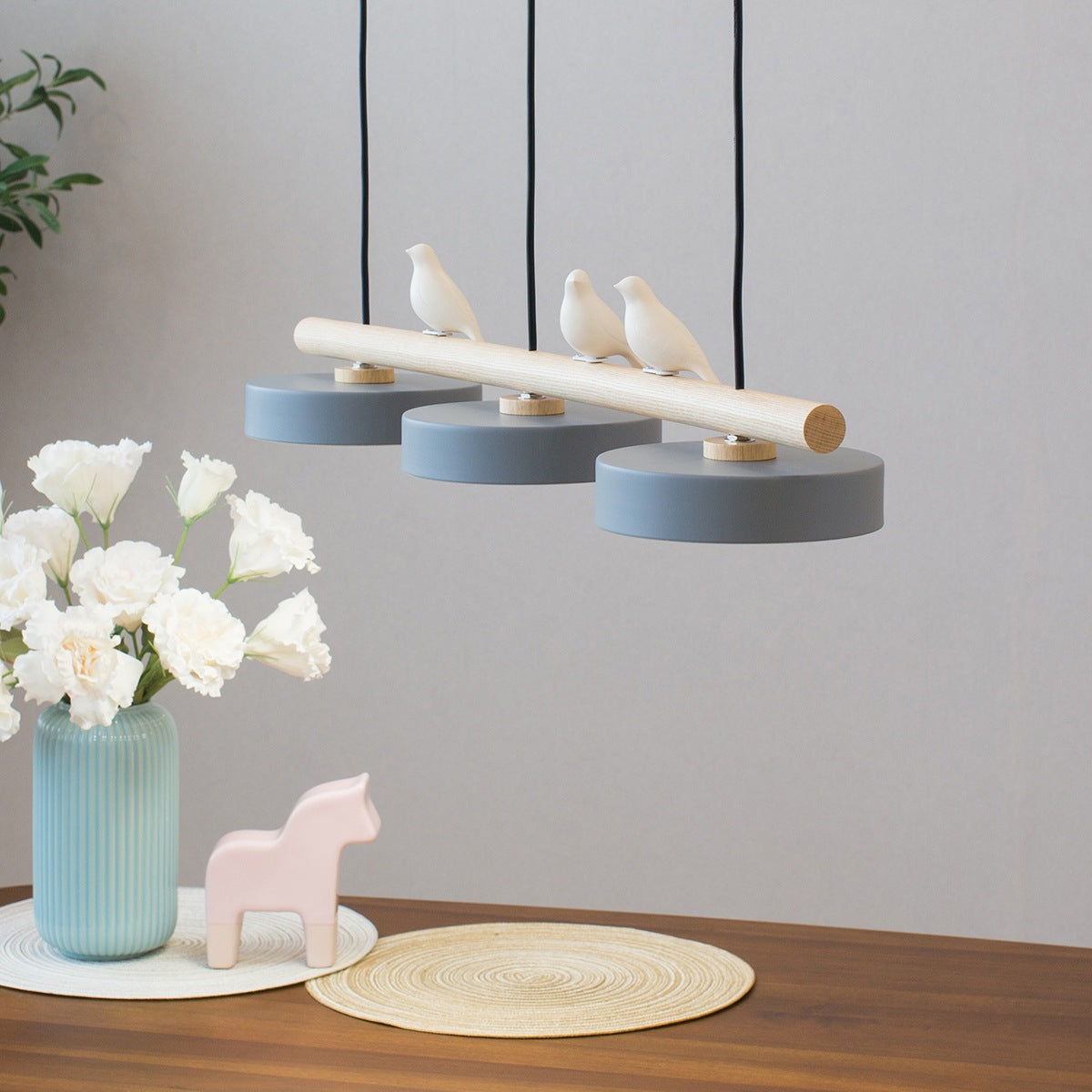 Linear Bar Pendant Light with Movable Bird Figurines Remote Dimming LED