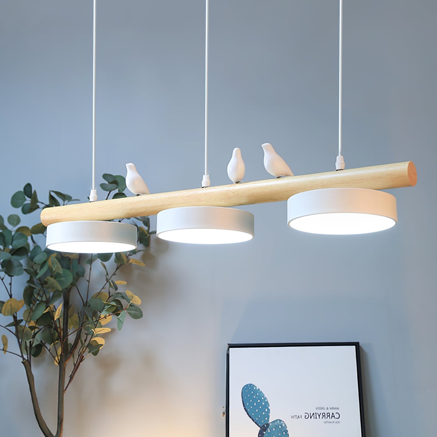 Linear Bar Pendant Light with Movable Bird Figurines Remote Dimming LED