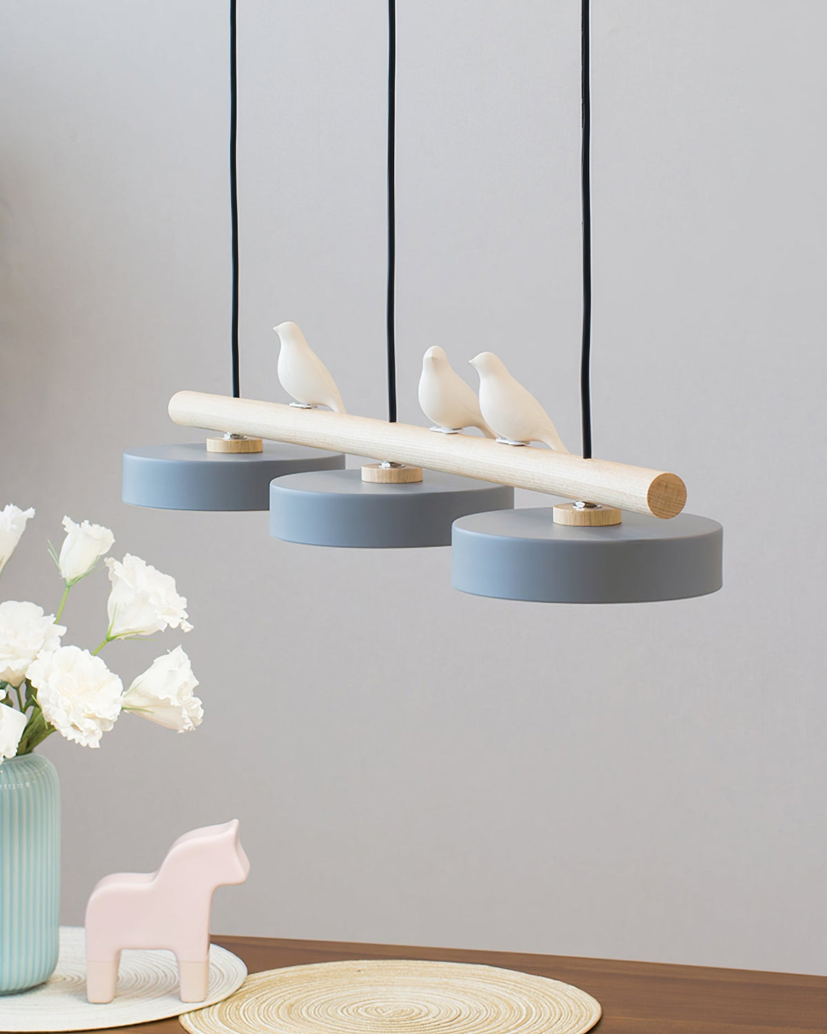 Linear Bar Pendant Light with Movable Bird Figurines Remote Dimming LED