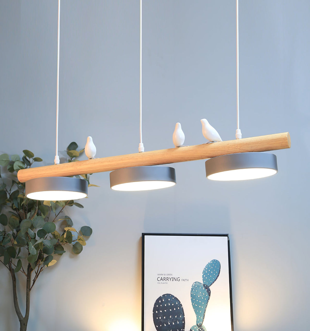 Linear Bar Pendant Light with Movable Bird Figurines Remote Dimming LED