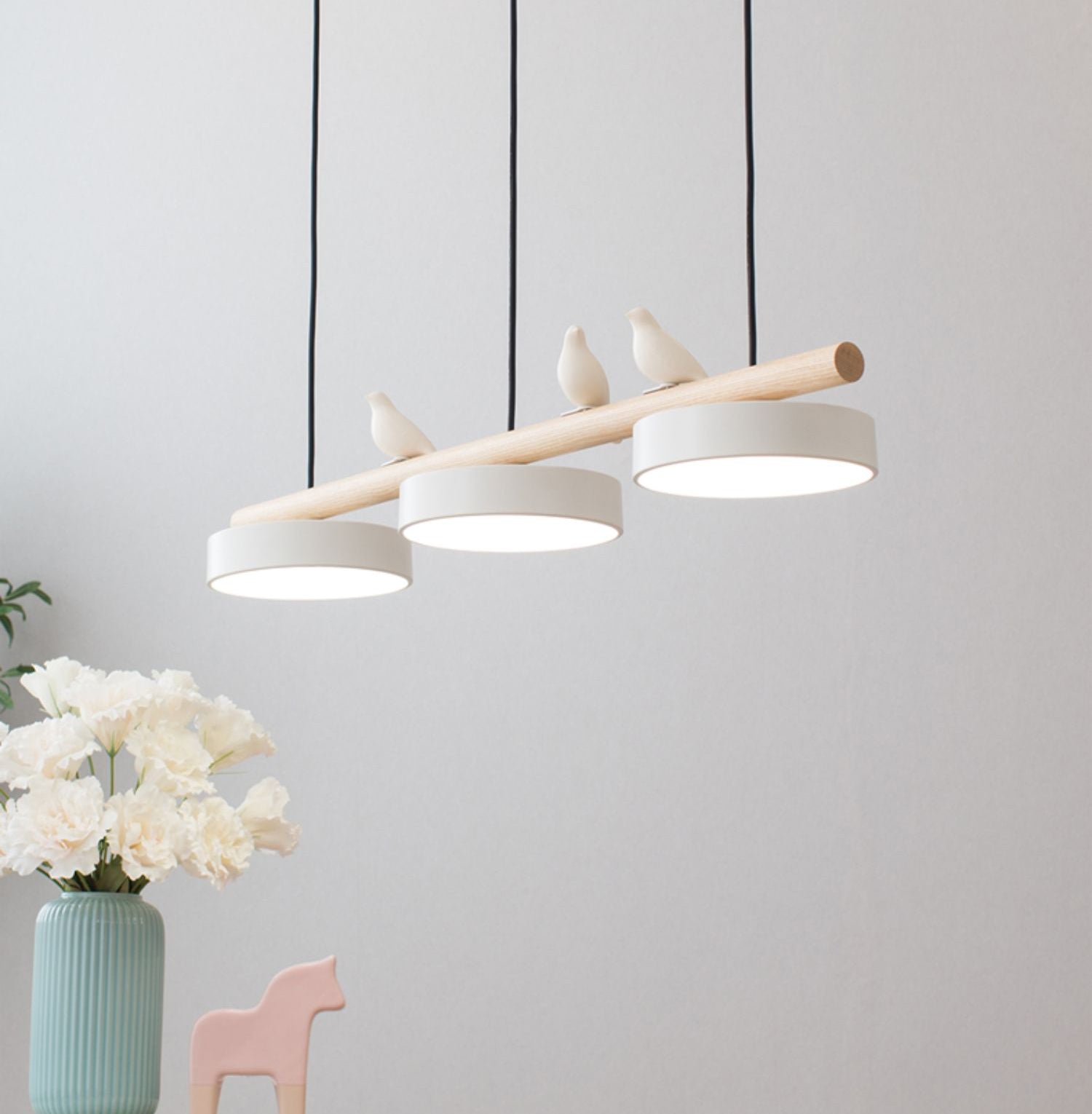 Linear Bar Pendant Light with Movable Bird Figurines Remote Dimming LED