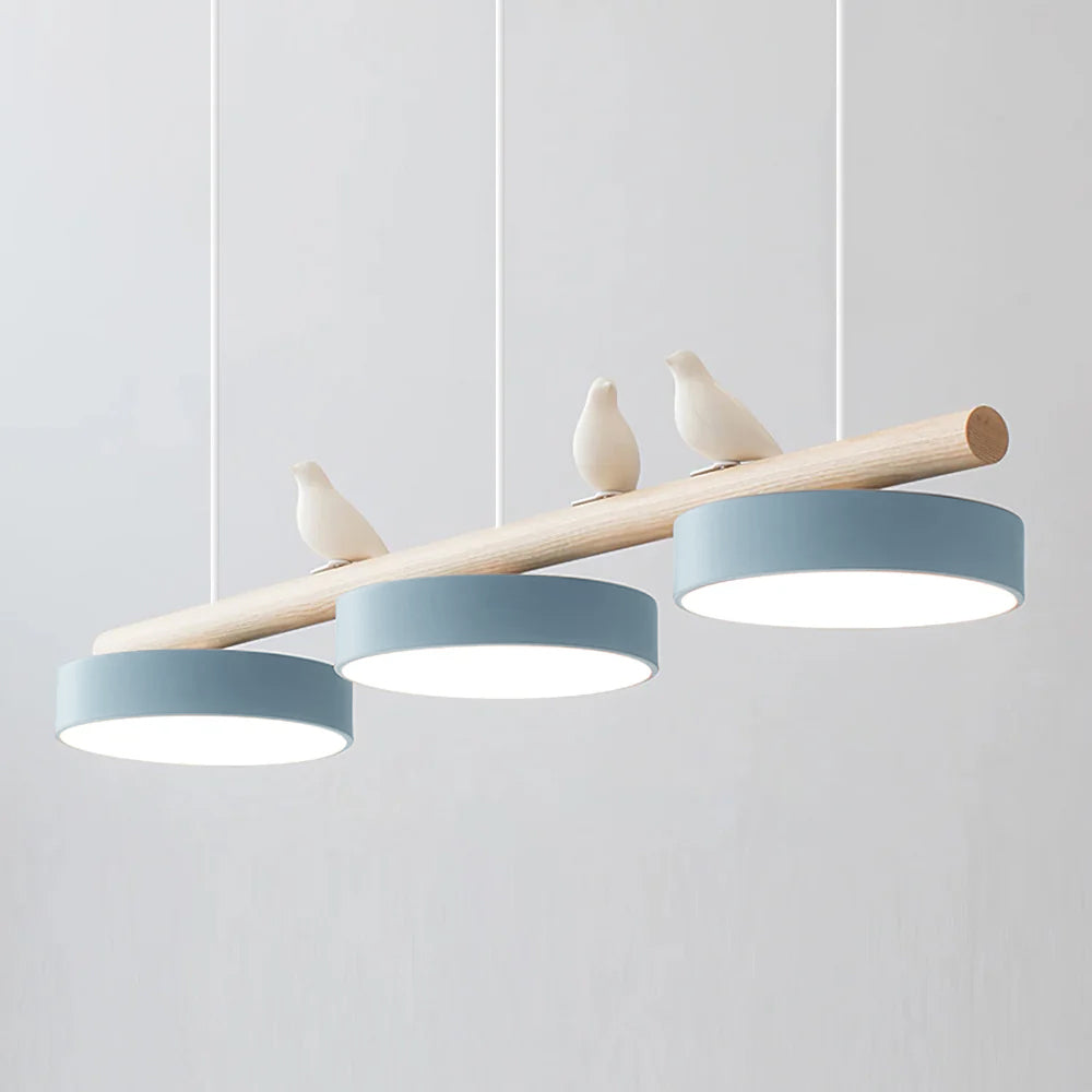 Linear Bar Pendant Light with Movable Bird Figurines Remote Dimming LED