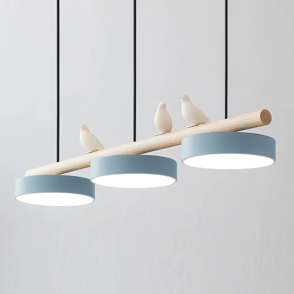 Linear Bar Pendant Light with Movable Bird Figurines Remote Dimming LED