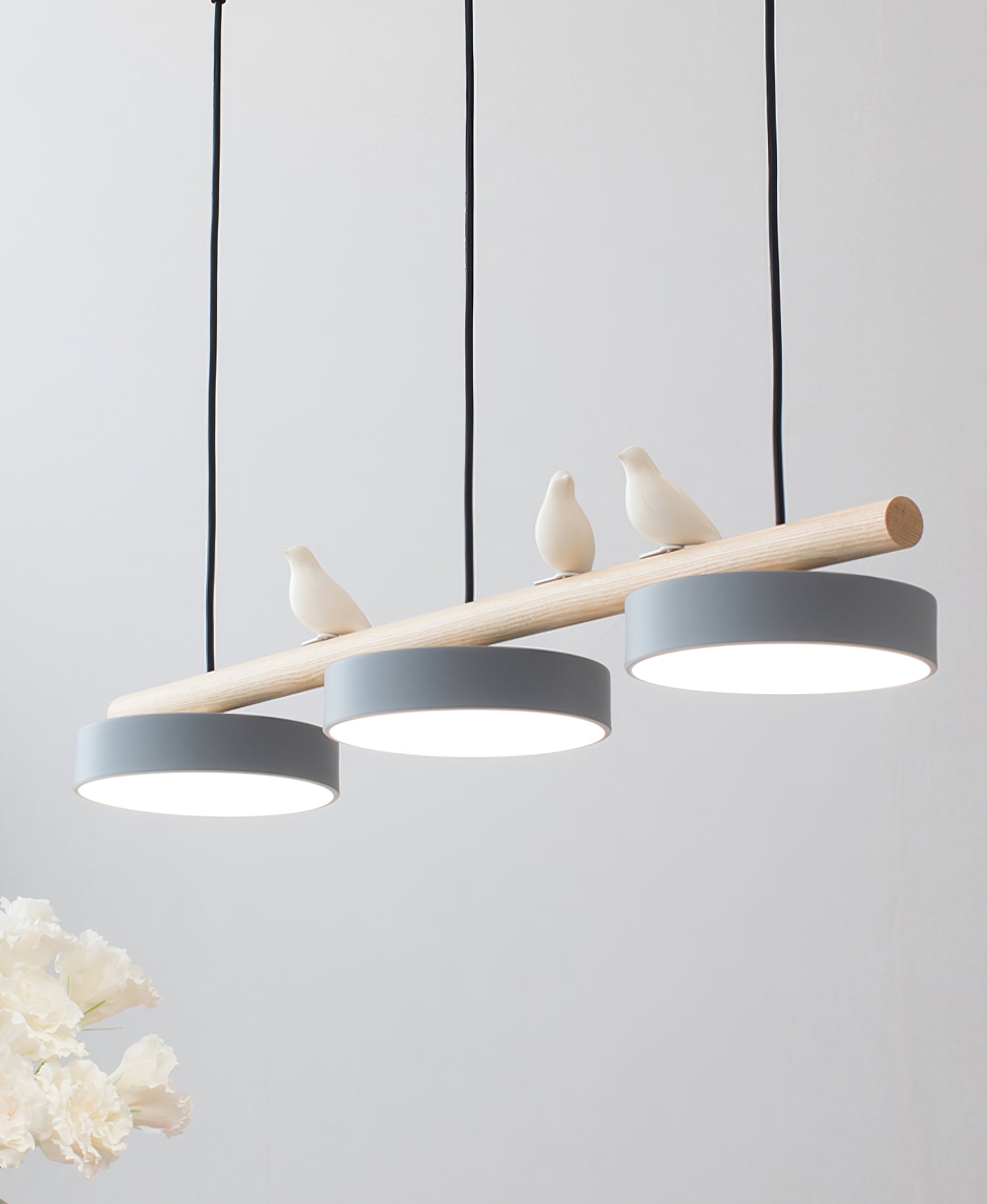 Linear Bar Pendant Light with Movable Bird Figurines Remote Dimming LED