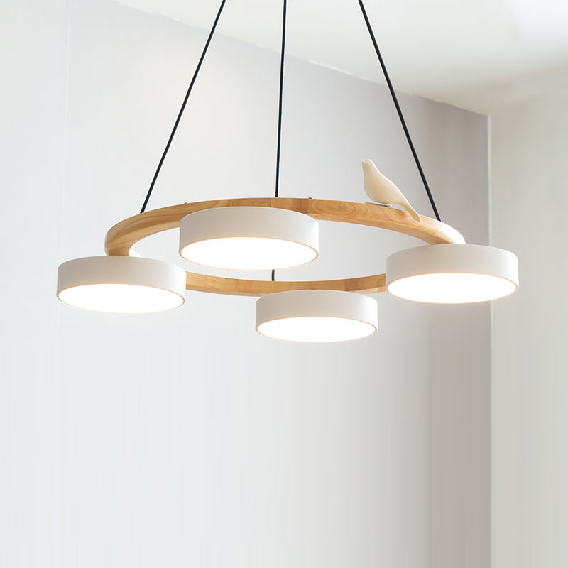 Round Wood Chandelier with Bird Figurines LED Dimmable Dining Room