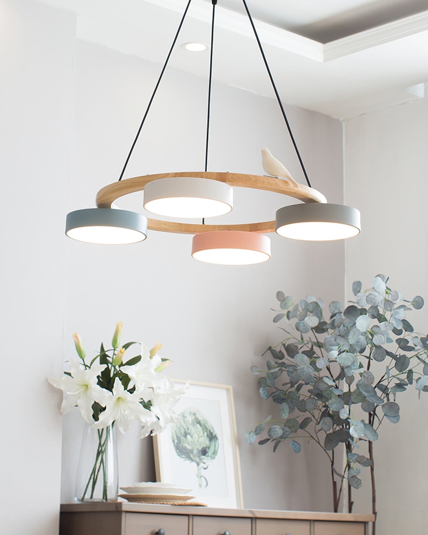 Round Wood Chandelier with Bird Figurines LED Dimmable Dining Room