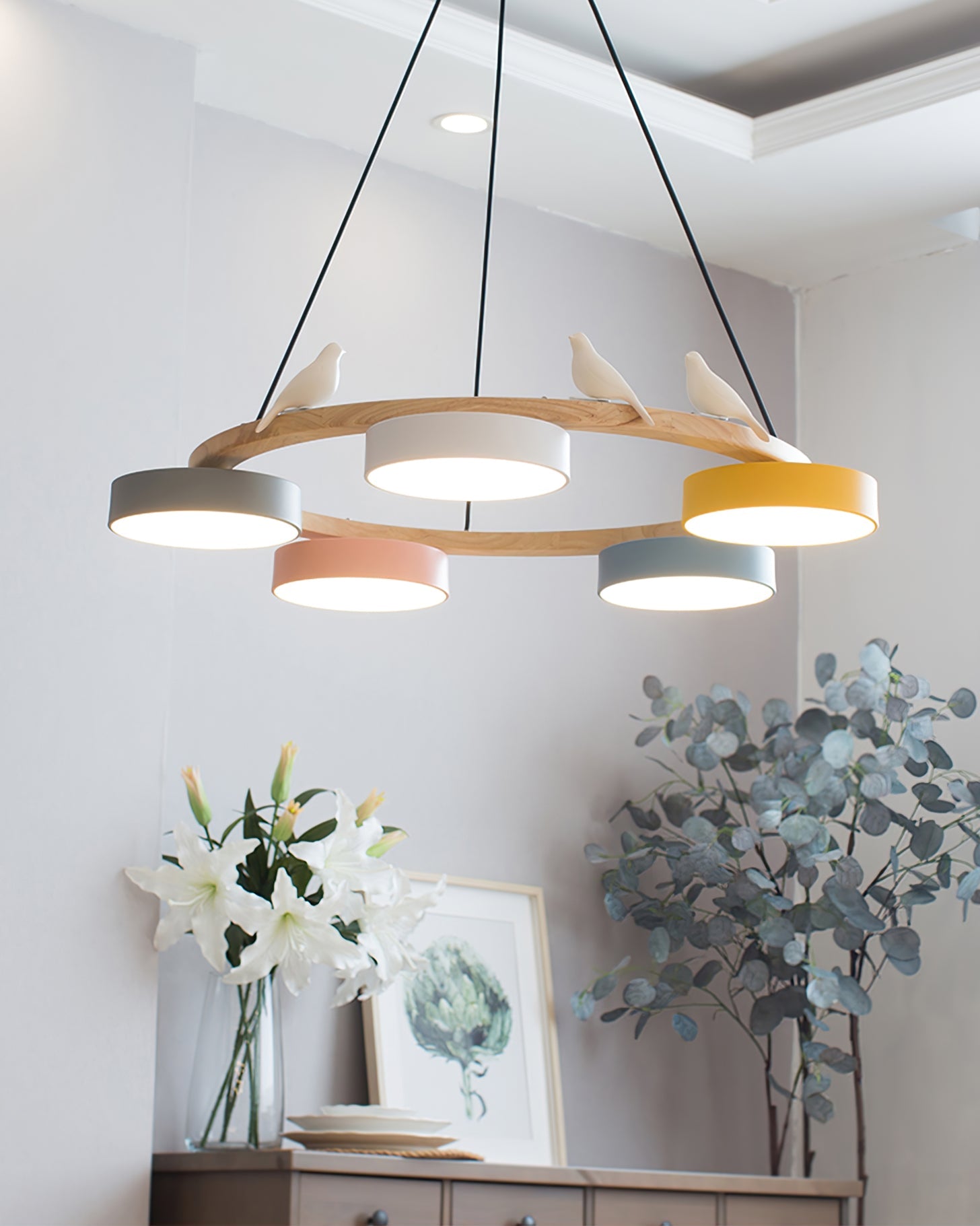 Round Wood Chandelier with Bird Figurines LED Dimmable Dining Room