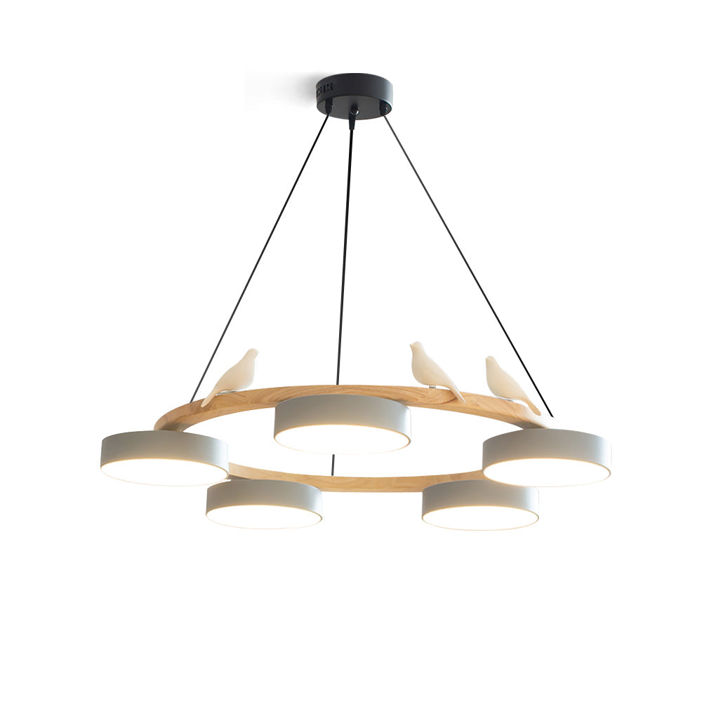 Round Wood Chandelier with Bird Figurines LED Dimmable Dining Room