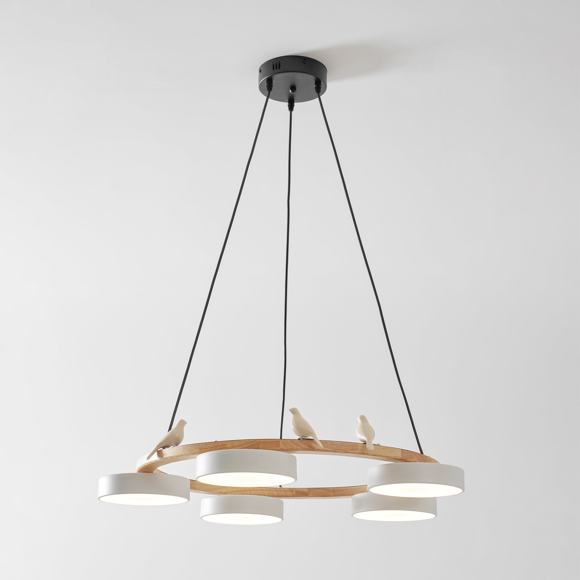 Round Wood Chandelier with Bird Figurines LED Dimmable Dining Room