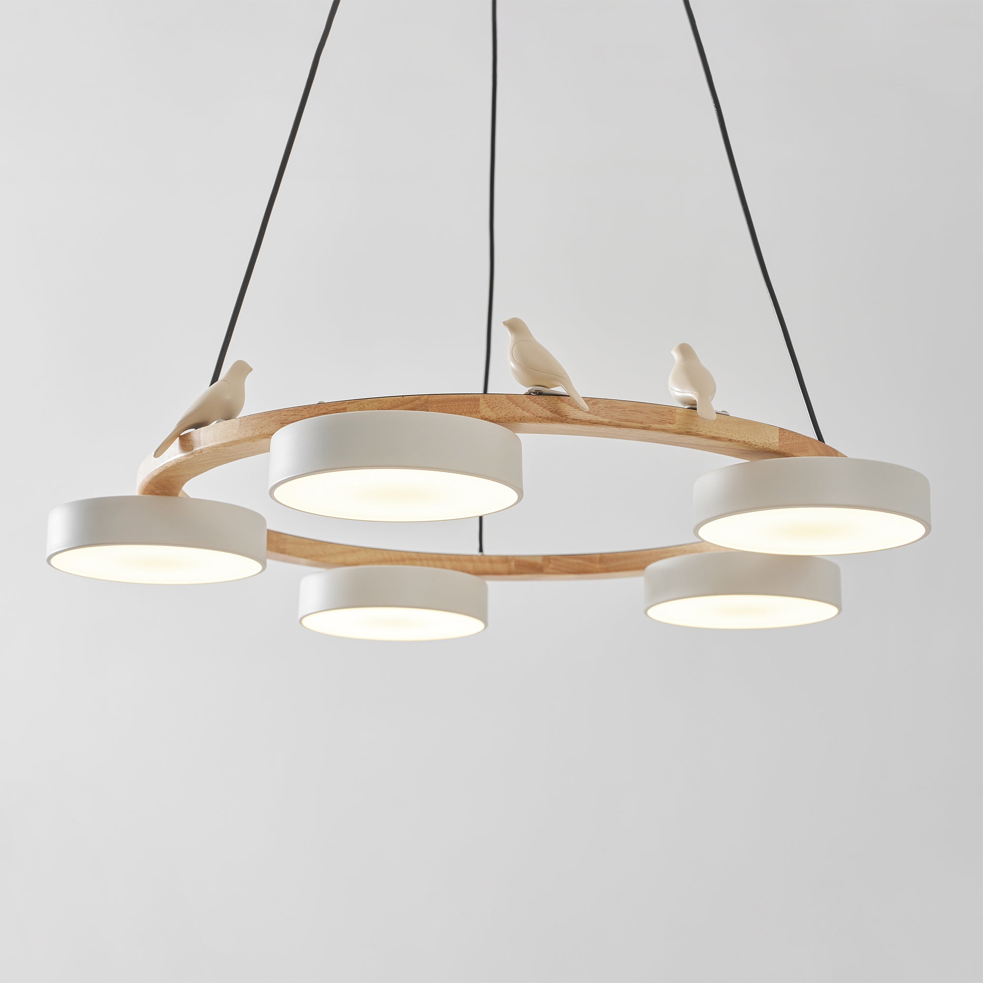 Round Wood Chandelier with Bird Figurines LED Dimmable Dining Room