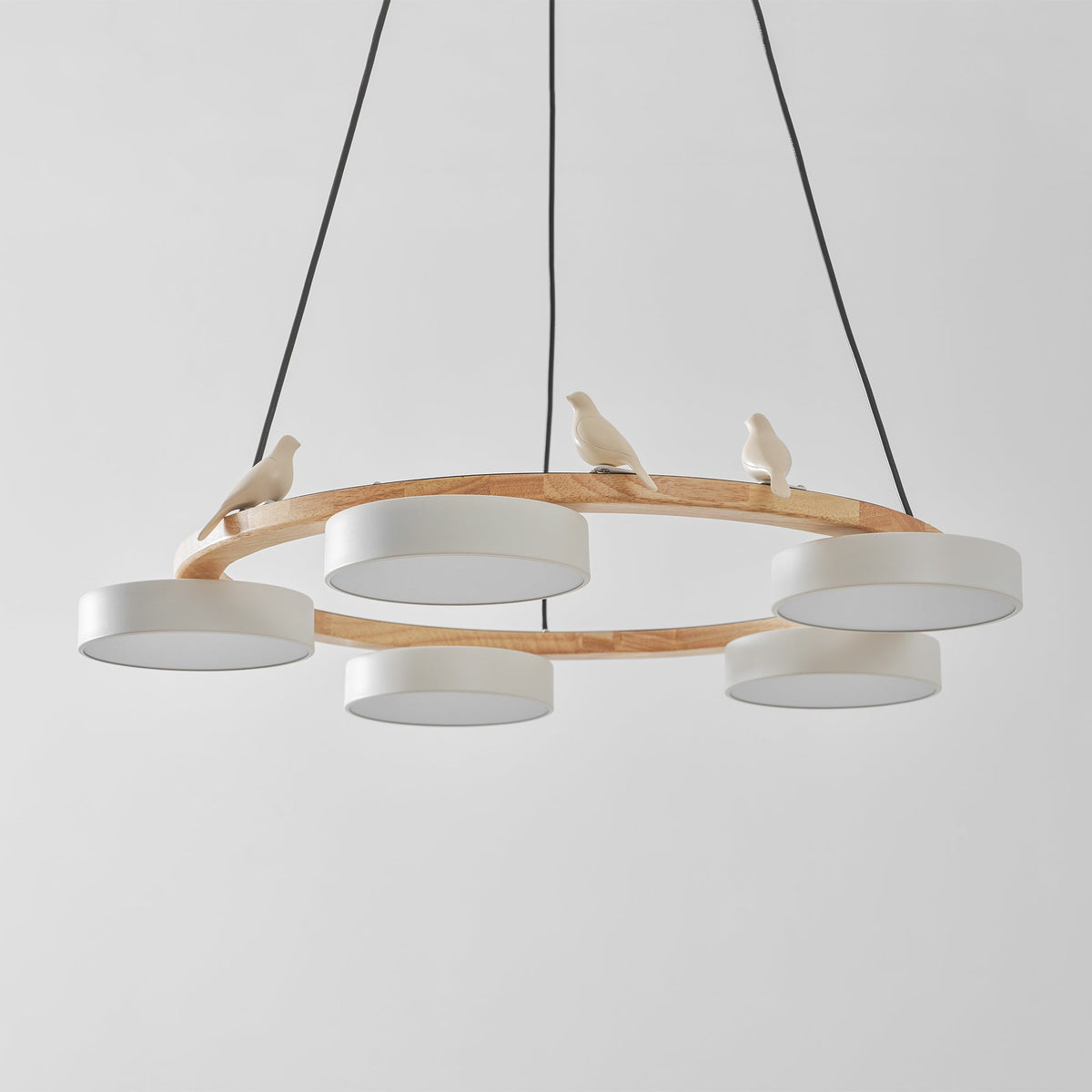 Round Wood Chandelier with Bird Figurines LED Dimmable Dining Room