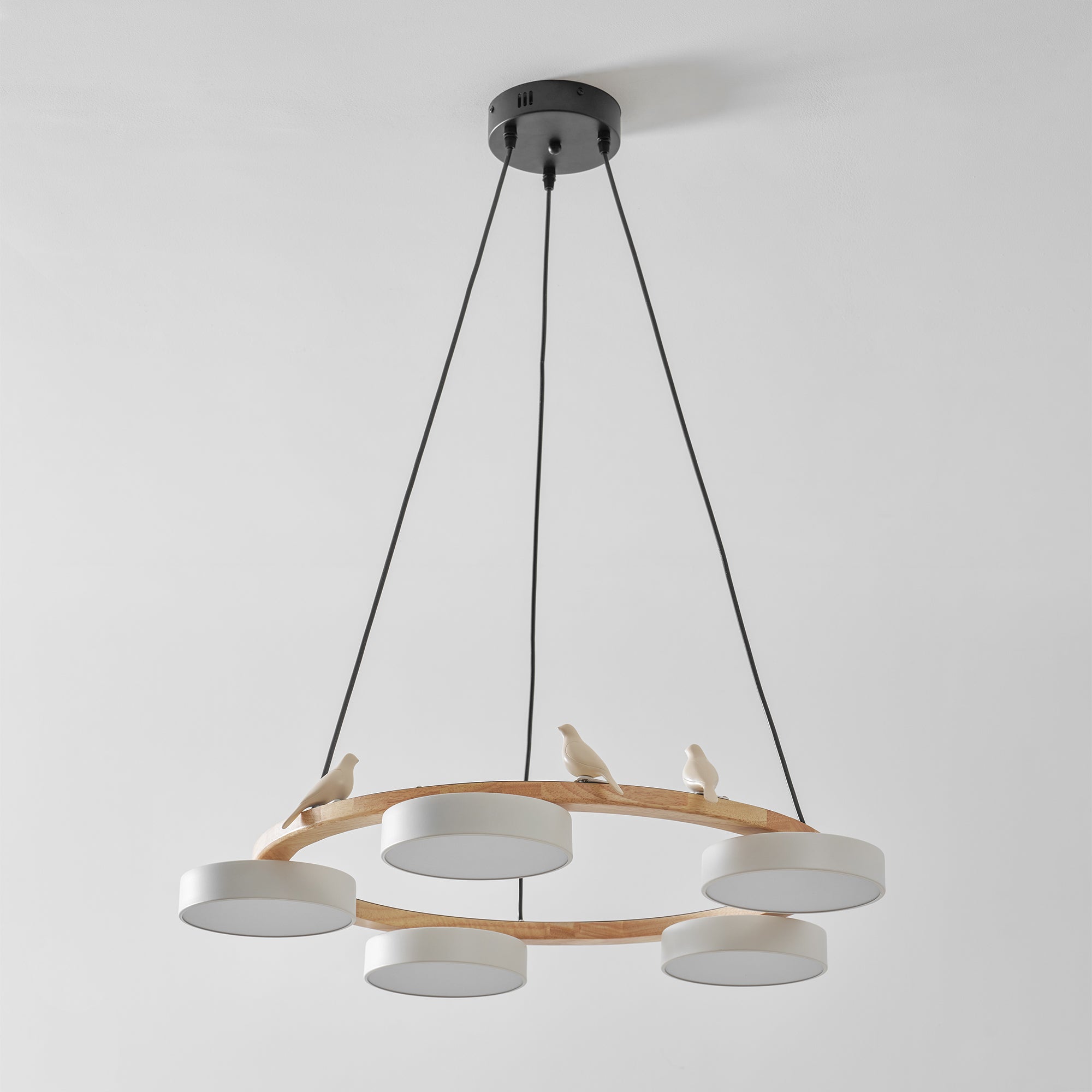 Round Wood Chandelier with Bird Figurines LED Dimmable Dining Room
