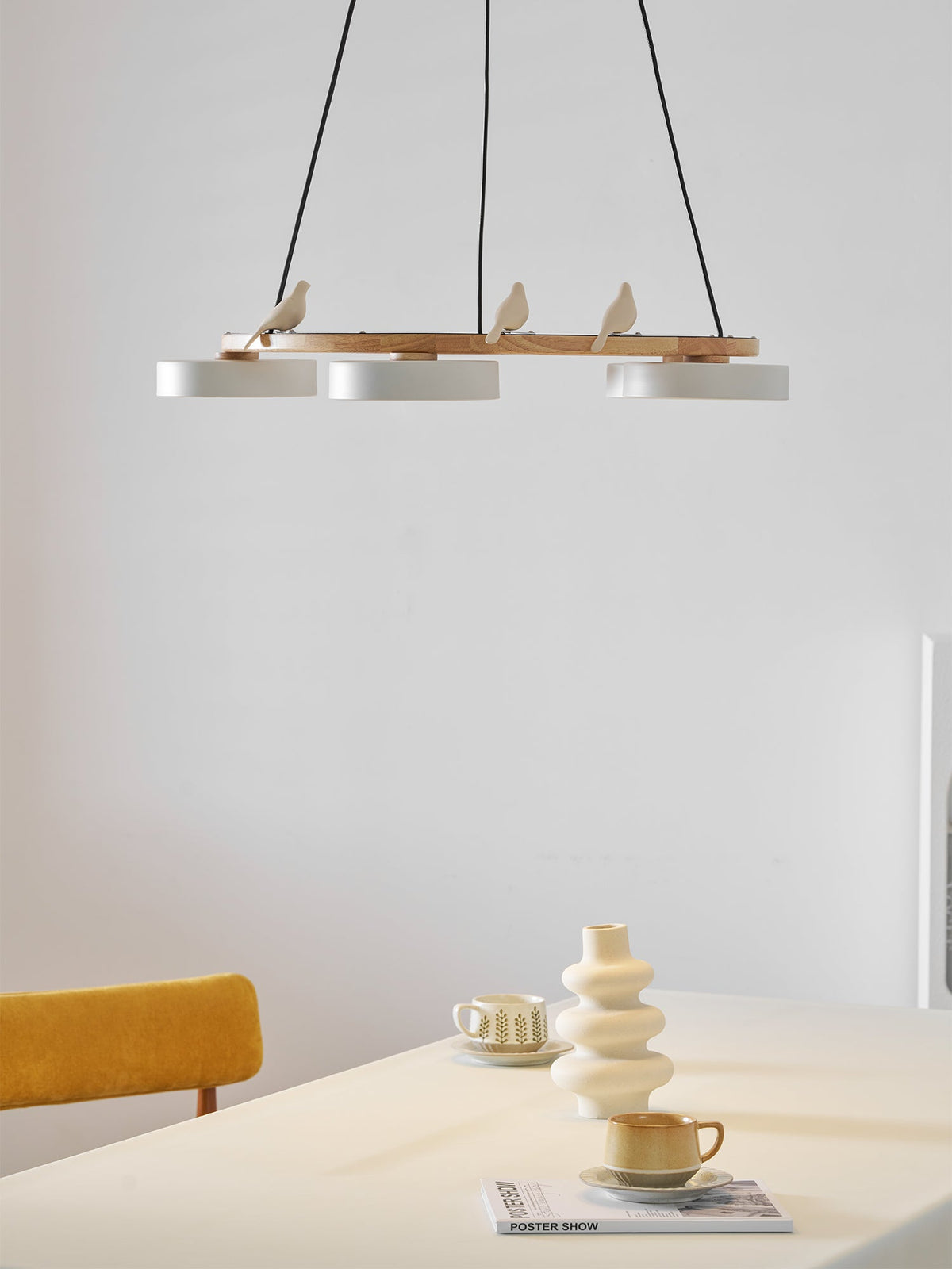 Round Wood Chandelier with Bird Figurines LED Dimmable Dining Room