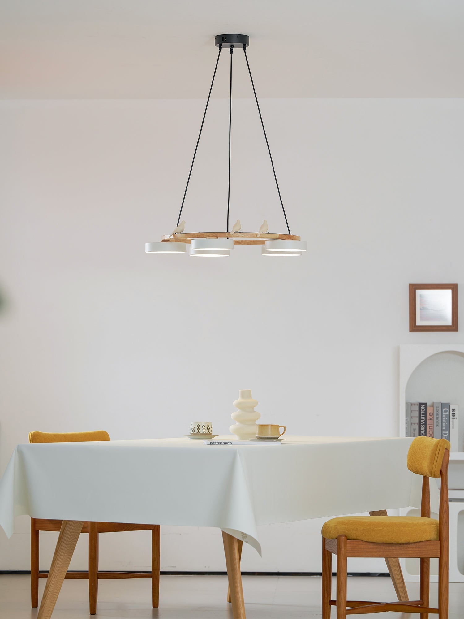 Round Wood Chandelier with Bird Figurines LED Dimmable Dining Room