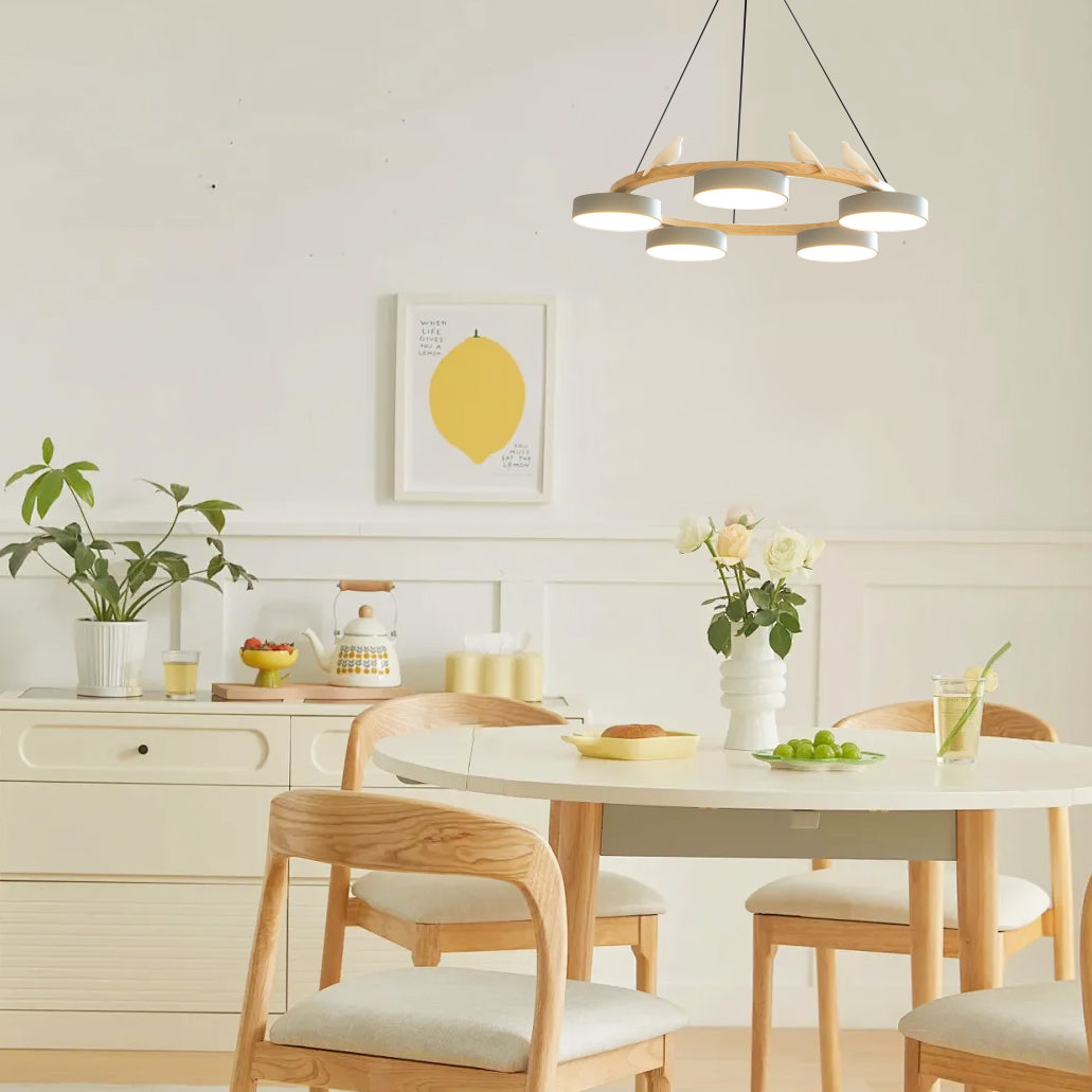 Round Wood Chandelier with Bird Figurines LED Dimmable Dining Room