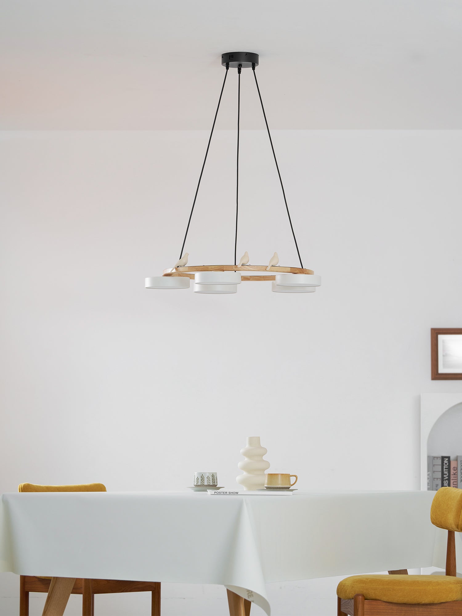 Round Wood Chandelier with Bird Figurines LED Dimmable Dining Room