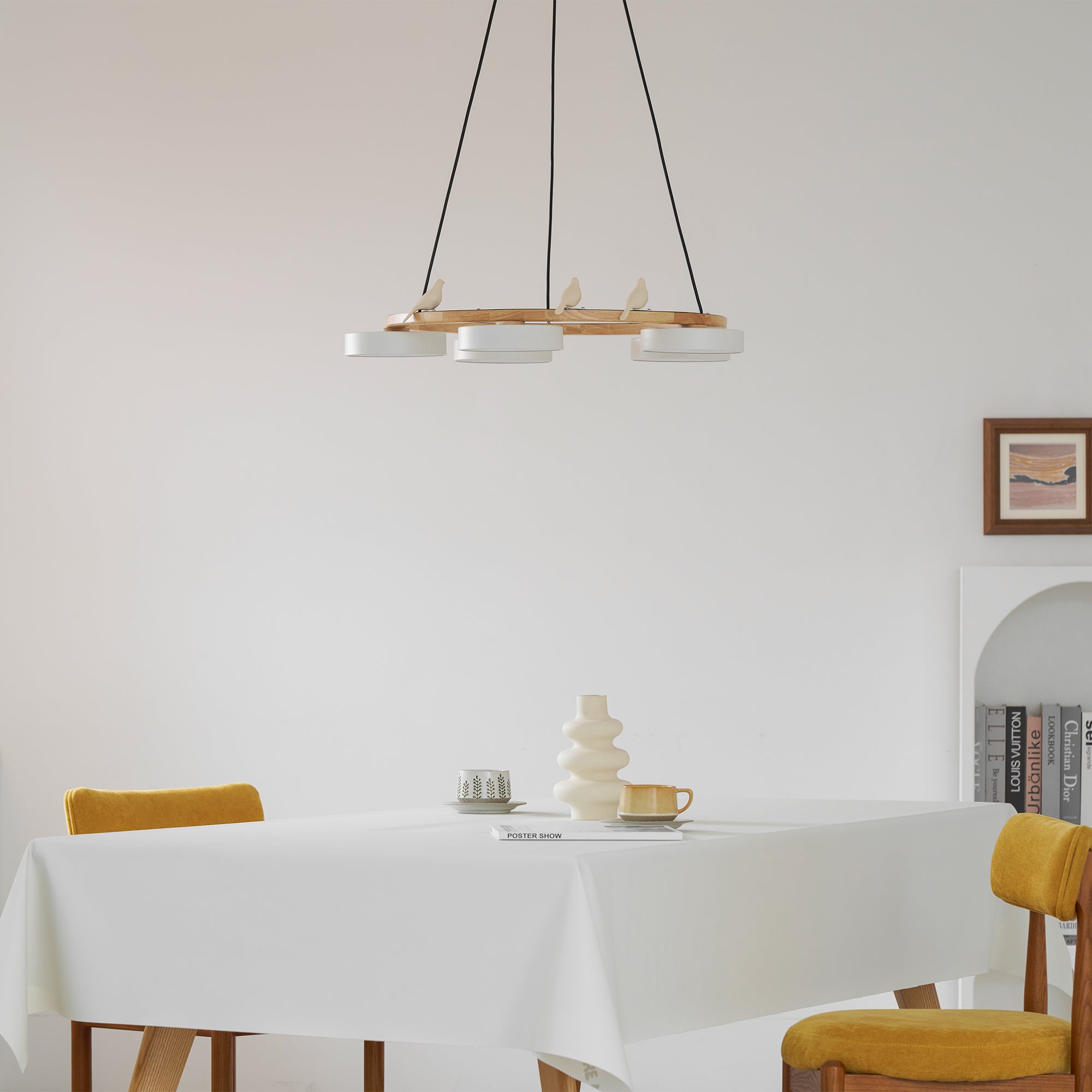 Round Wood Chandelier with Bird Figurines LED Dimmable Dining Room