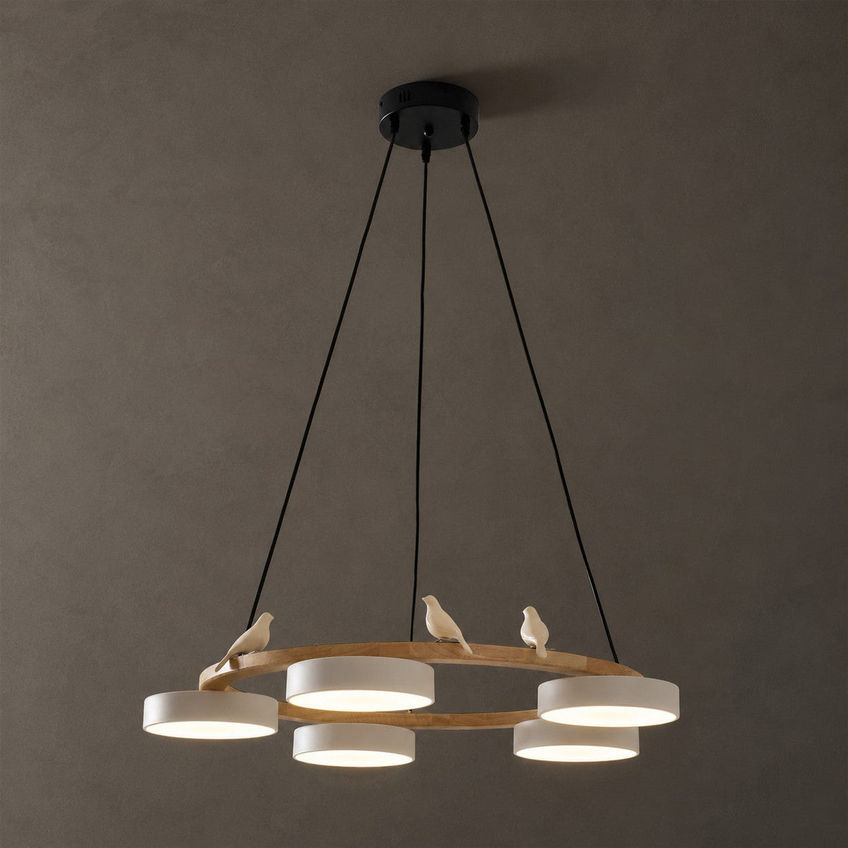 Round Wood Chandelier with Bird Figurines LED Dimmable Dining Room