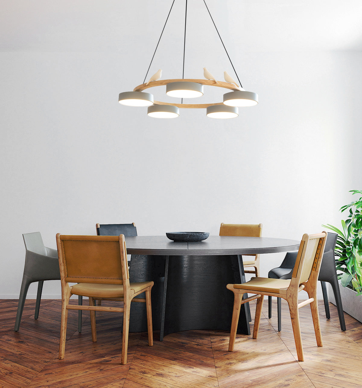 Round Wood Chandelier with Bird Figurines LED Dimmable Dining Room