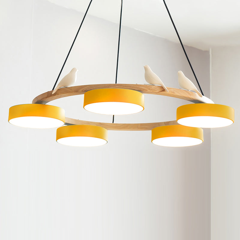Round Wood Chandelier with Bird Figurines LED Dimmable Dining Room