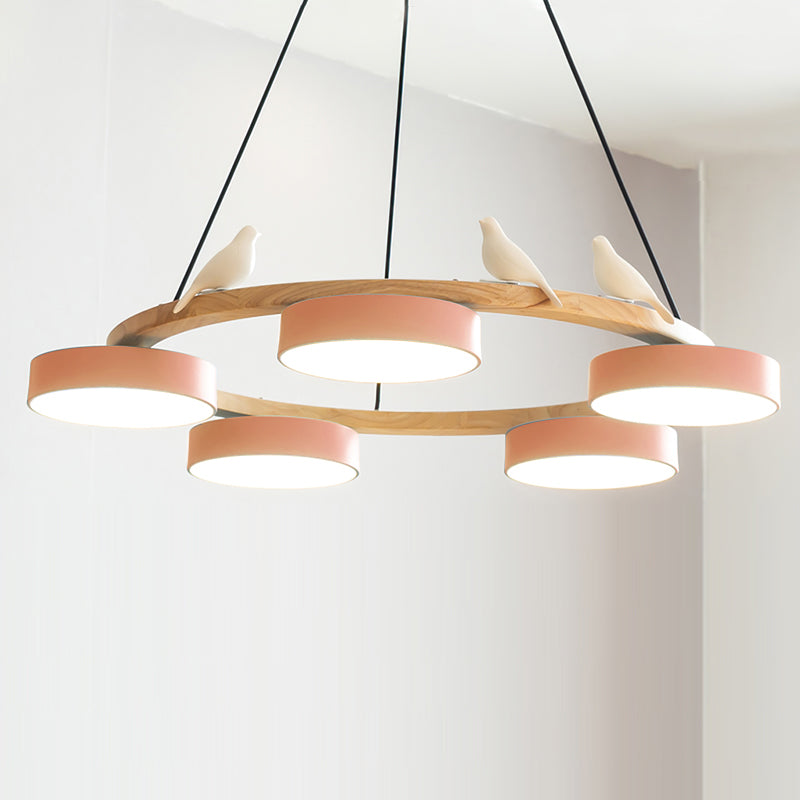 Round Wood Chandelier with Bird Figurines LED Dimmable Dining Room