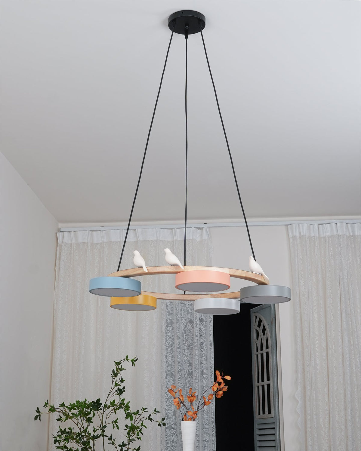 Round Wood Chandelier with Bird Figurines LED Dimmable Dining Room