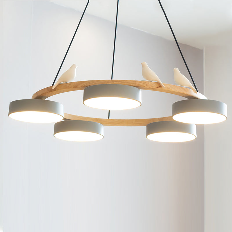 Round Wood Chandelier with Bird Figurines LED Dimmable Dining Room