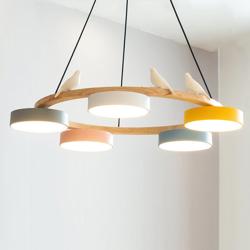 Round Wood Chandelier with Bird Figurines LED Dimmable Dining Room