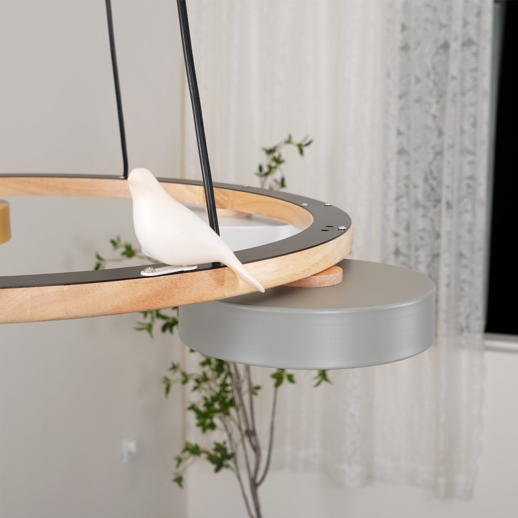 Round Wood Chandelier with Bird Figurines LED Dimmable Dining Room