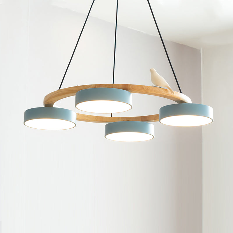 Round Wood Chandelier with Bird Figurines LED Dimmable Dining Room
