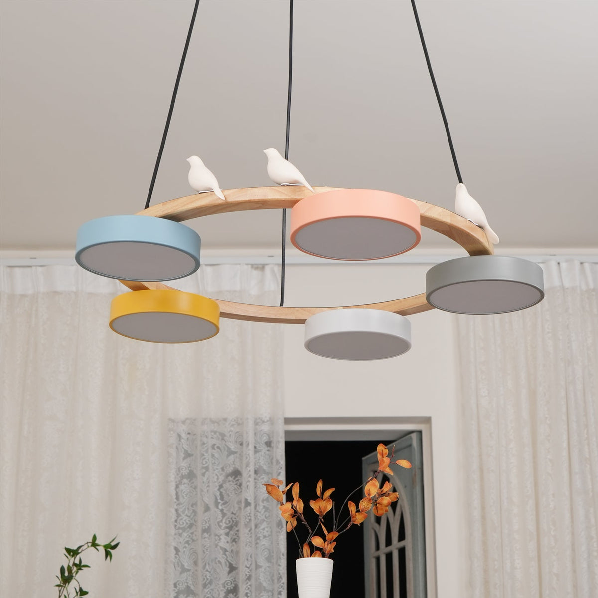 Round Wood Chandelier with Bird Figurines LED Dimmable Dining Room