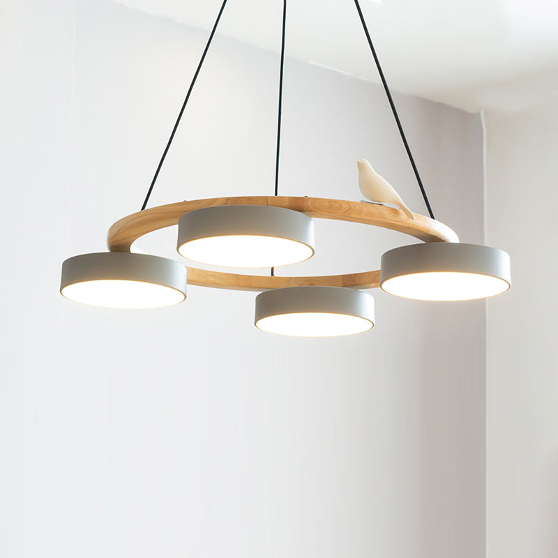 Round Wood Chandelier with Bird Figurines LED Dimmable Dining Room