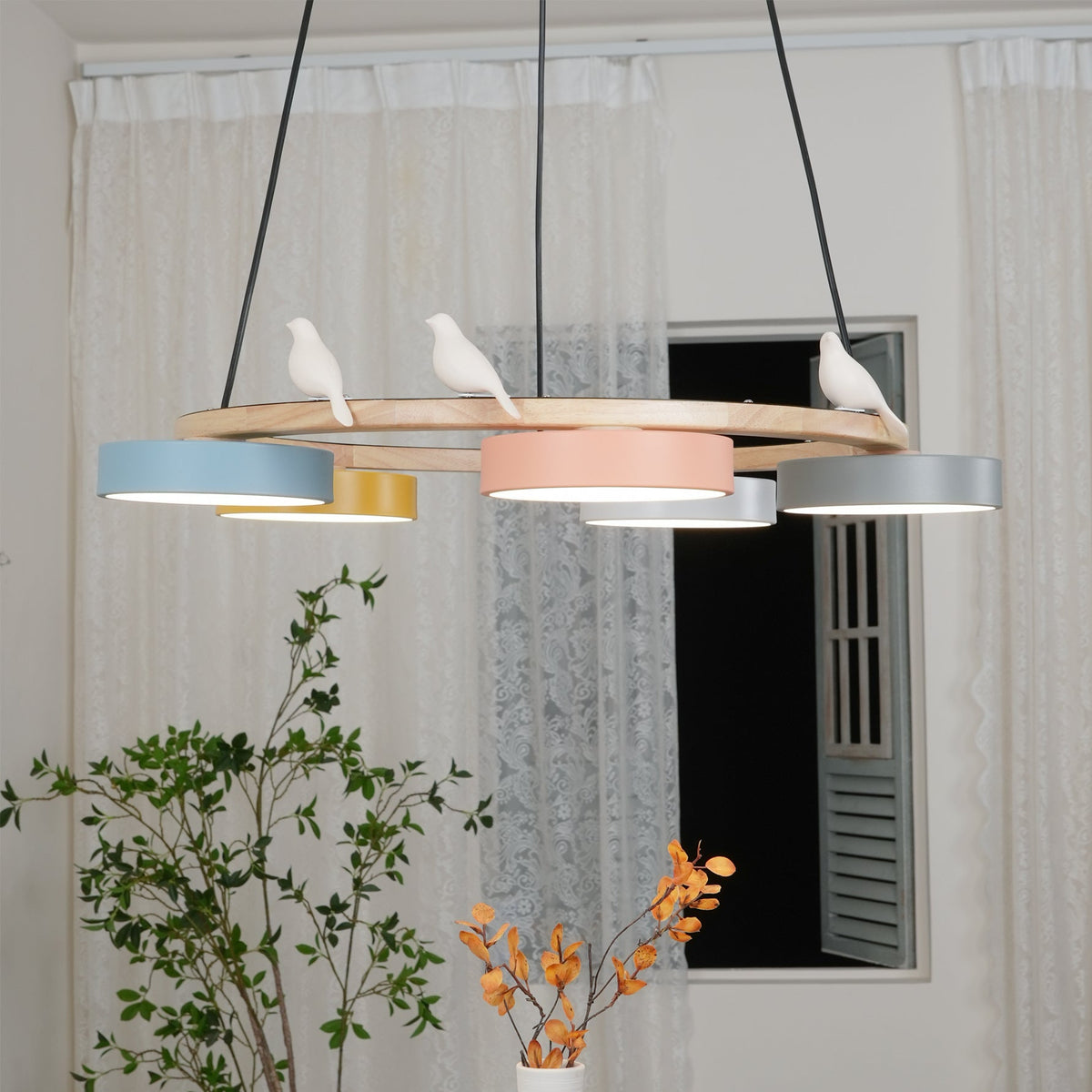 Round Wood Chandelier with Bird Figurines LED Dimmable Dining Room