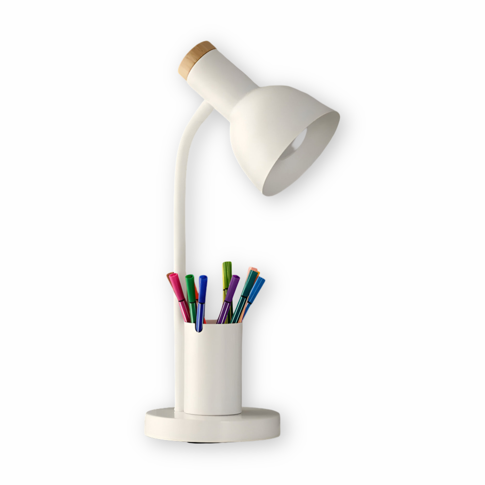 Skrivebordslampe med penholder Fleksibel arm og trædetaljer