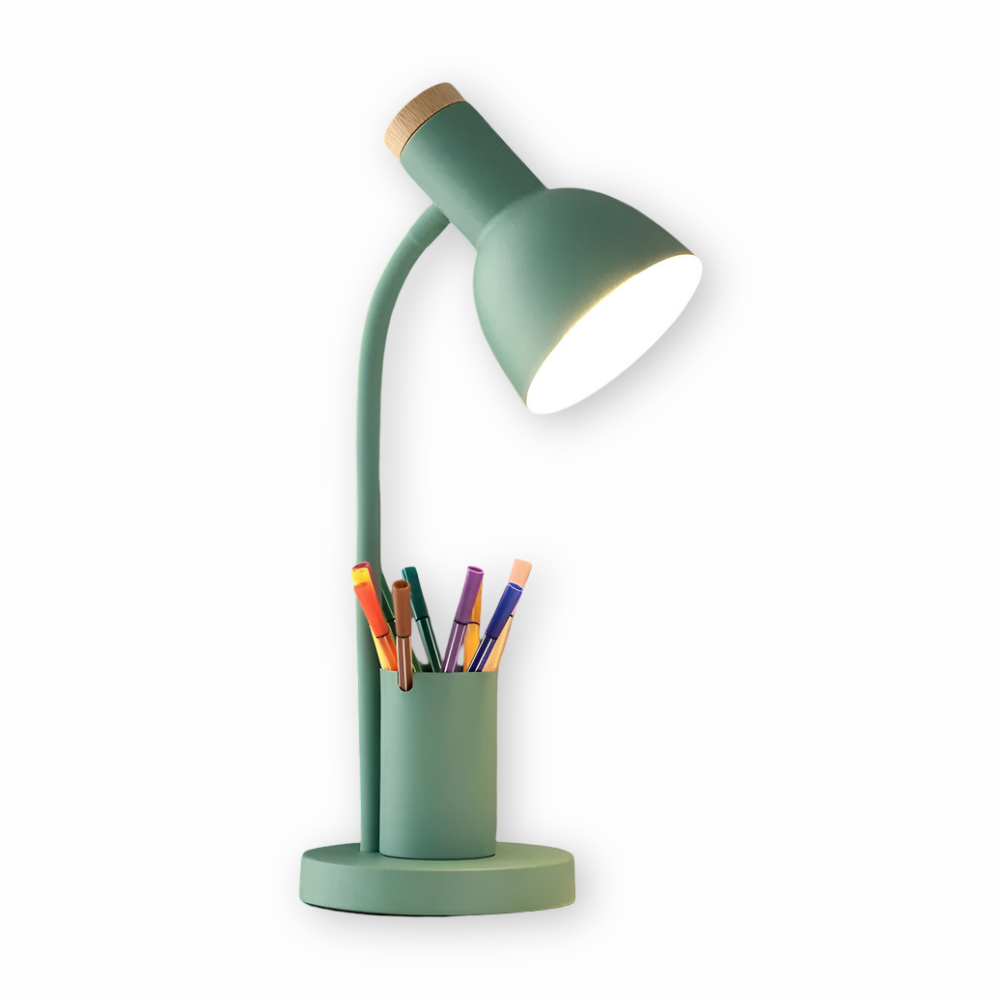 Skrivebordslampe med penholder Fleksibel arm og trædetaljer