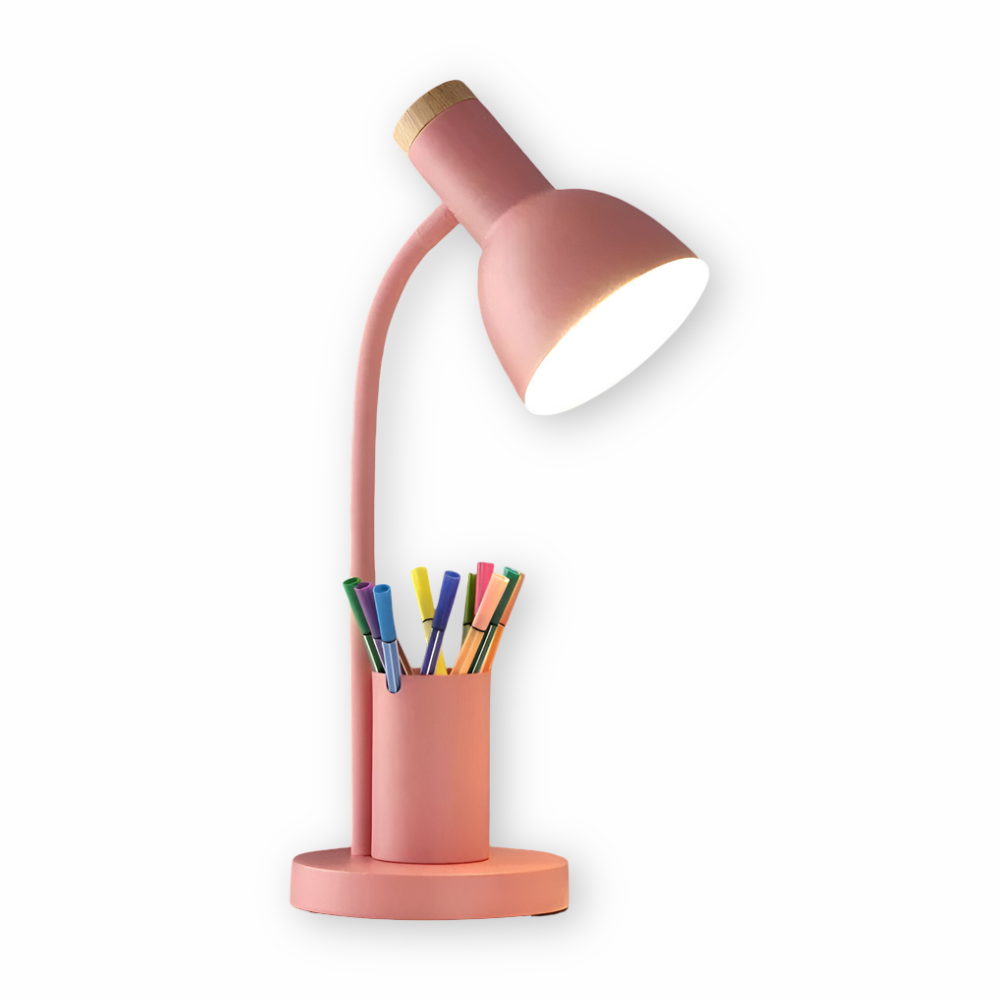 Skrivebordslampe med penholder Fleksibel arm og trædetaljer