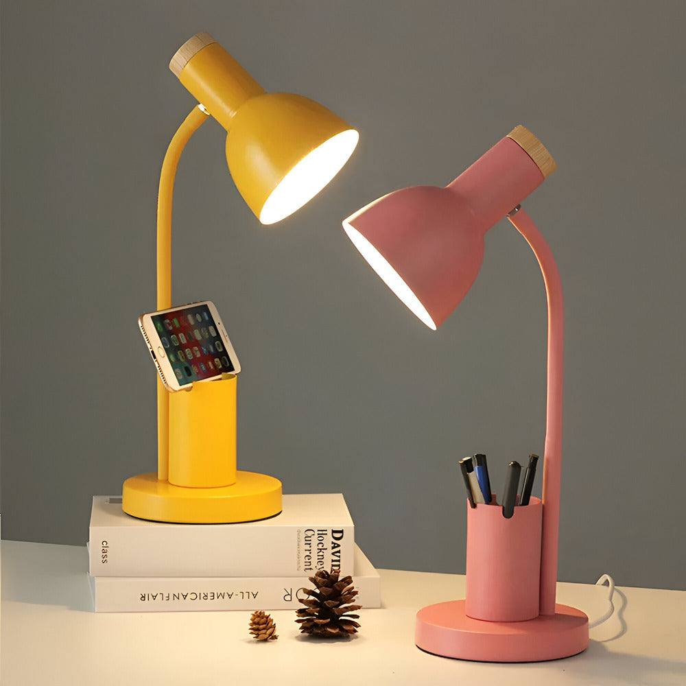 Skrivebordslampe med penholder Fleksibel arm og trædetaljer