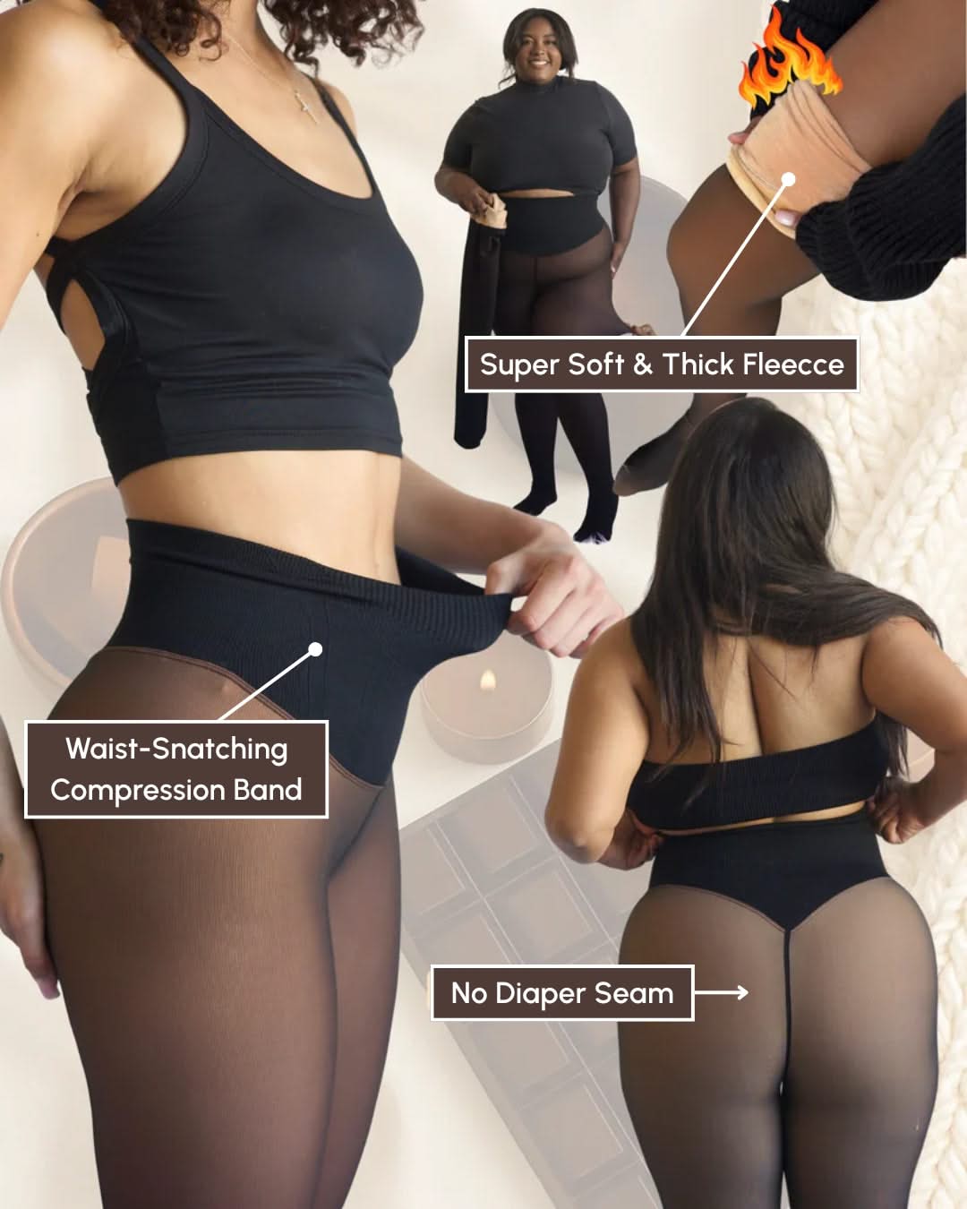 Fleece Lined Leggings Sheer One Seam Compression Waistband