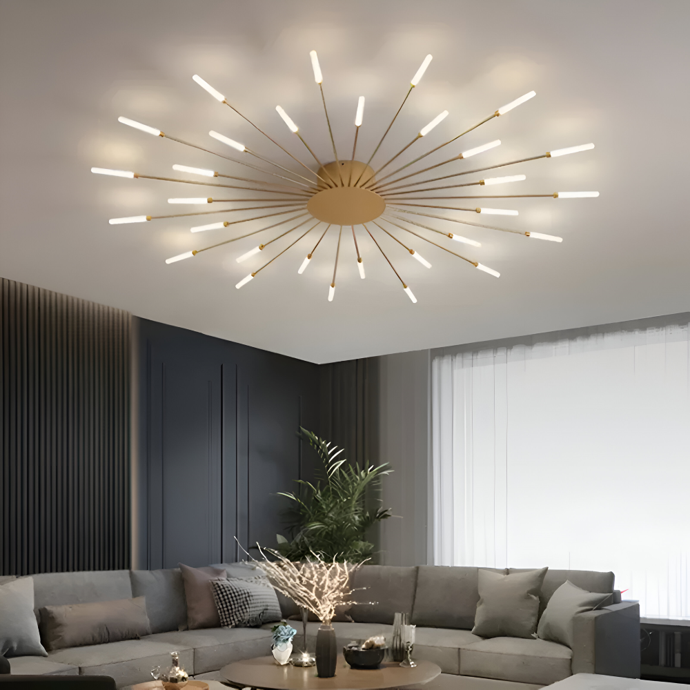 Starburst loftlampe med radiale metalstænger med lysende kapselspidser