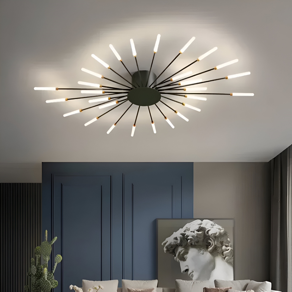 Starburst loftlampe med radiale metalstænger med lysende kapselspidser