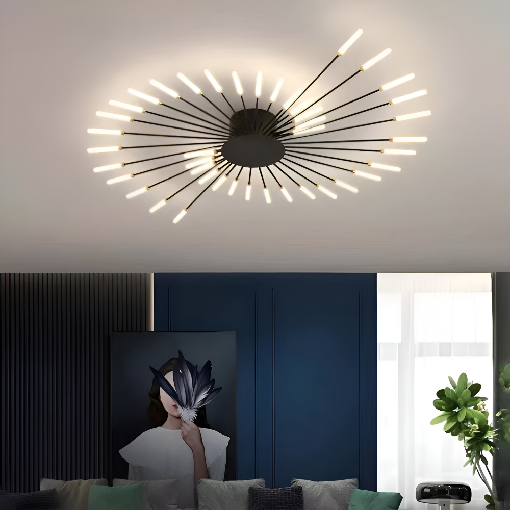Starburst loftlampe med radiale metalstænger med lysende kapselspidser