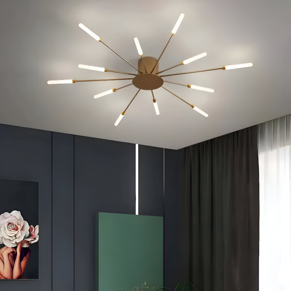 Starburst loftlampe med radiale metalstænger med lysende kapselspidser