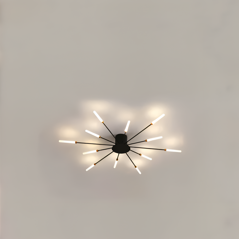 Starburst loftlampe med radiale metalstænger med lysende kapselspidser