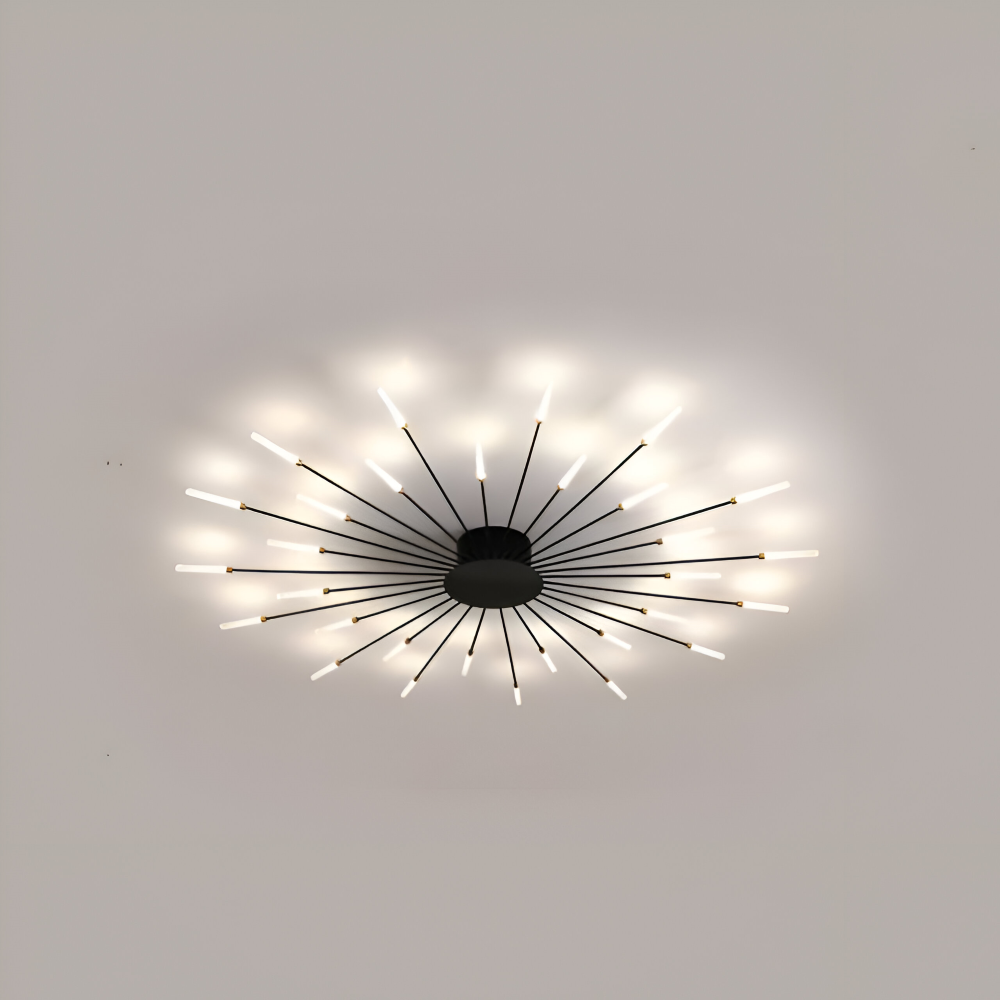 Starburst loftlampe med radiale metalstænger med lysende kapselspidser