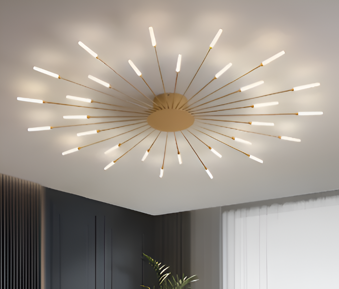 Starburst loftlampe med radiale metalstænger med lysende kapselspidser