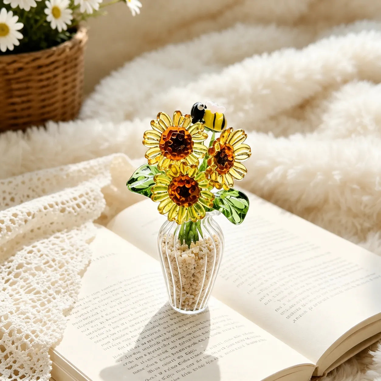 Hand-Blown Glass Flower Bouquet with Fluted Mini Vase
