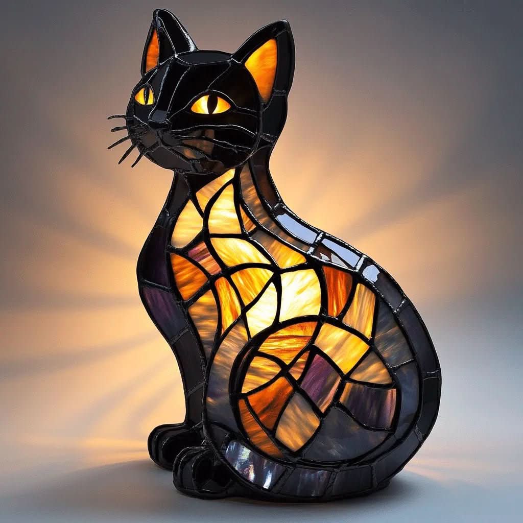 Tiffany bordlampe med kattefigur i farvet mosaikglas i vintagestil til stue eller soveværelse